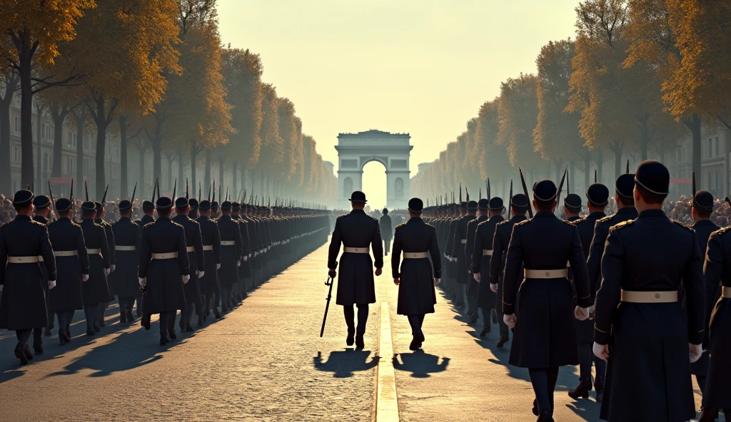 City of Paris in chaos ; soldiers marching on the Champs Élysées