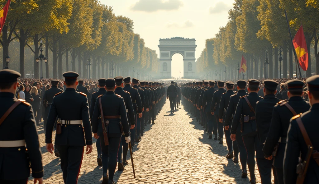 City of Paris in chaos ; soldiers marching on the Champs Élysées