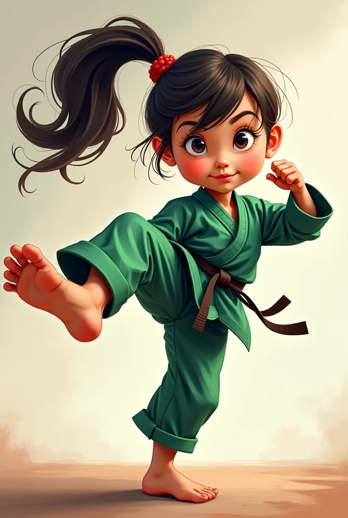 A green belt girl practicing taekwondo kick. 4D caricatur