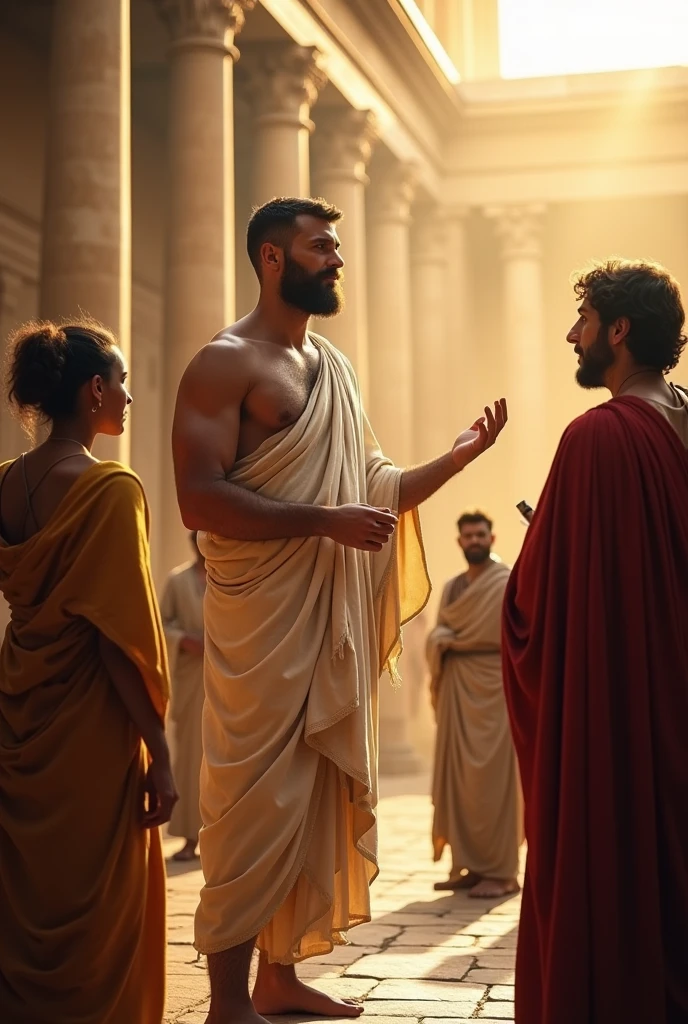 In a grand Roman forum, the same male stoic philosopher is now depicted teaching or discussing Stoic virtues with a small group of engaged listeners. He is in a classic tunic with subtle shoulder openings, maintaining a seductive yet scholarly appearance. The setting includes the majestic Doric columns and the Forum's grandeur, bathed in golden light that creates a sense of enlightenment and calm. The philosopher gestures emphatically or points to a visual representation of the four Stoic virtues (wisdom, courage, justice, and temperance) on a nearby pedestal or scroll. The audience, although secondary, shows a mix of curiosity and admiration, reinforcing the philosopher’s role as a guide in understanding and applying Stoicism.