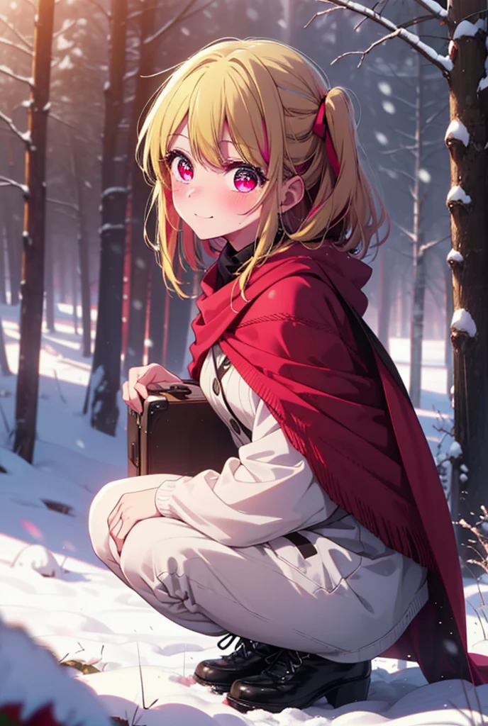 rubyhoshino, Hoshino Ruby, Long Hair, bangs, blonde, (Pink Eyes:1.3), Side Lock, (Symbol-shaped pupil:1.5), Multicolored Hair, Two-tone hair, smile,,smile,blush,white breath,
Open your mouth,snow,Ground bonfire, Outdoor, boots, snowing, From the side, wood, suitcase, Cape, Blurred, , forest, White handbag, nature,  Squat, Mouth closed, Cape, winter, Written boundary depth, Black shoes, red Cape break looking at viewer, Upper Body, whole body, break Outdoor, forest, nature, break (masterpiece:1.2), Highest quality, High resolution, unity 8k wallpaper, (shape:0.8), (Beautiful and beautiful eyes:1.6), Highly detailed face, Perfect lighting, Highly detailed CG, (Perfect hands, Perfect Anatomy),