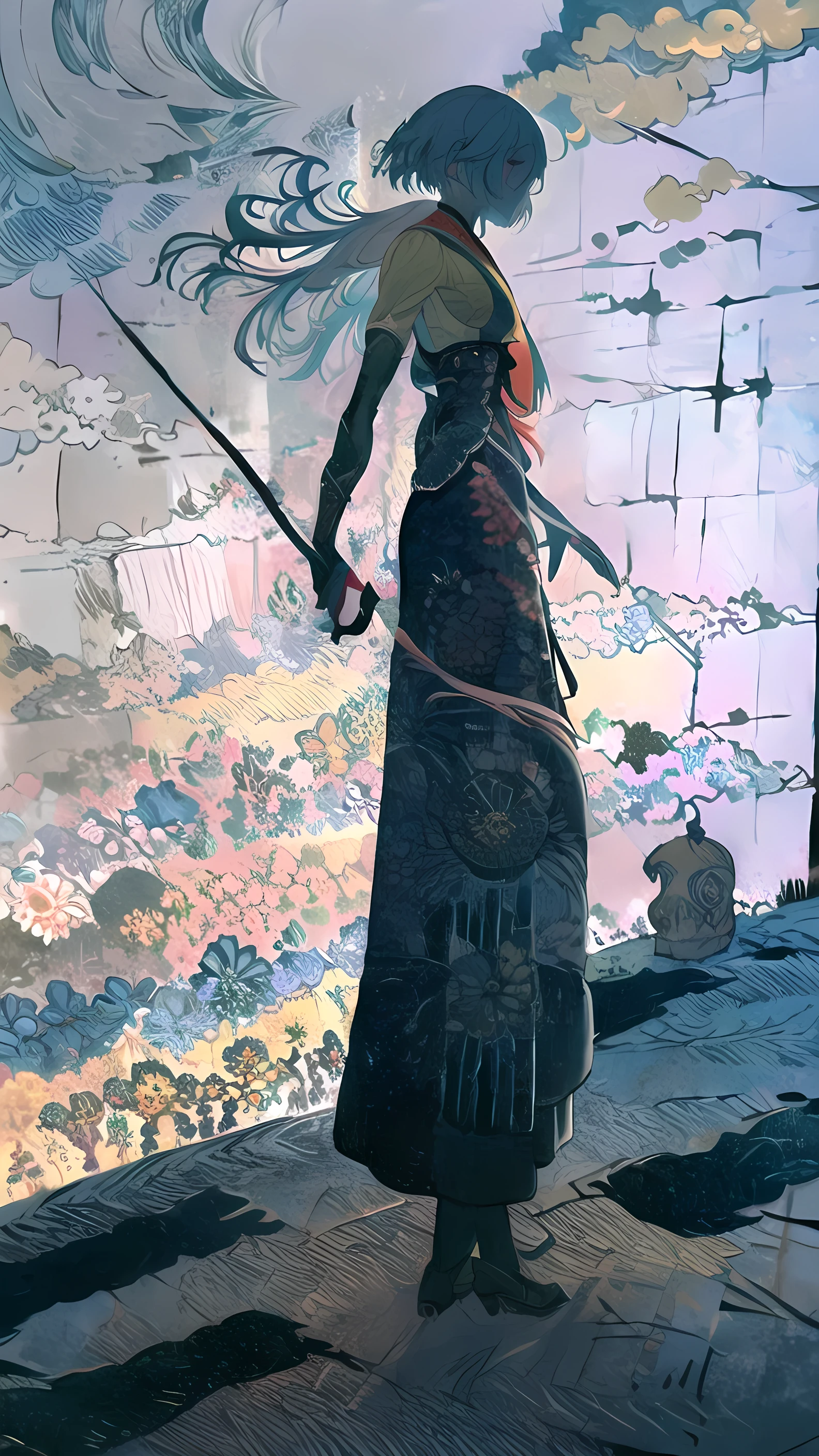 A minimalist scene featuring a person dressed in traditional Japanese attire, captured from behind. The individual wears a dark kimono with intricate patterns on the upper portion, paired with a black hakama. The person holds a sheathed katana in one hand while drawing a second katana with the other, creating a dynamic yet controlled posture. The background is a simple, solid gray, which highlights the details of the clothing and the katanas. The overall atmosphere is one of discipline, focus, and the calm before action, evoking the spirit of a samurai preparing for a challenge.