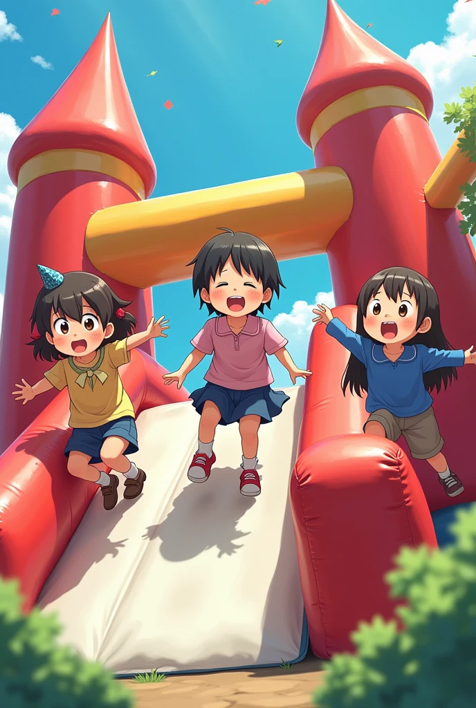 advertising poster showing children playing in their decent clothes on a bounce house with a slide. It looks like a 2d Japanese anime drawing.