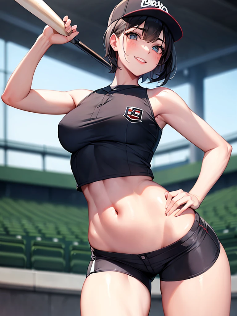 (masterpiece), best quality, expressive eyes, perfect face,1girl, holding_baseball_bat, baseball_uniform, baseball stadium,smile, very short_shorts, (sleeveless), (wide_hips:1.2), short_hair, spread_legs, swinging bat