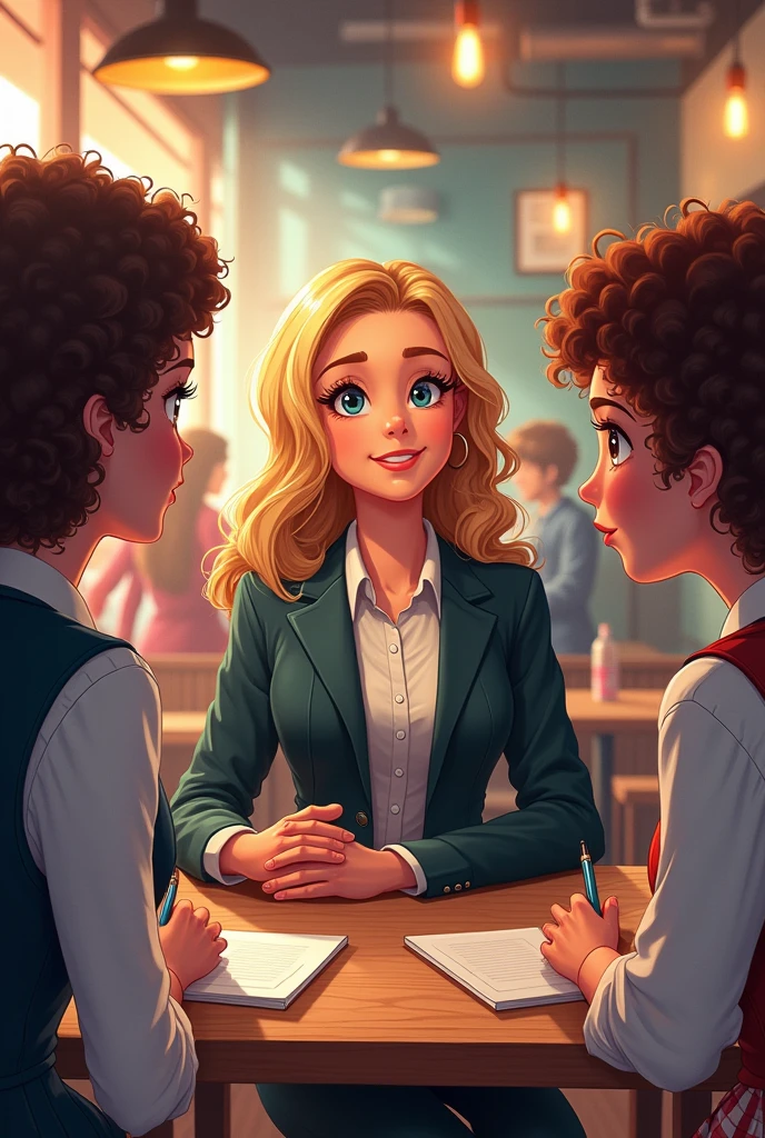 Drawing of blonde woman being interviewed by two curly-haired female students in a pizzeria 