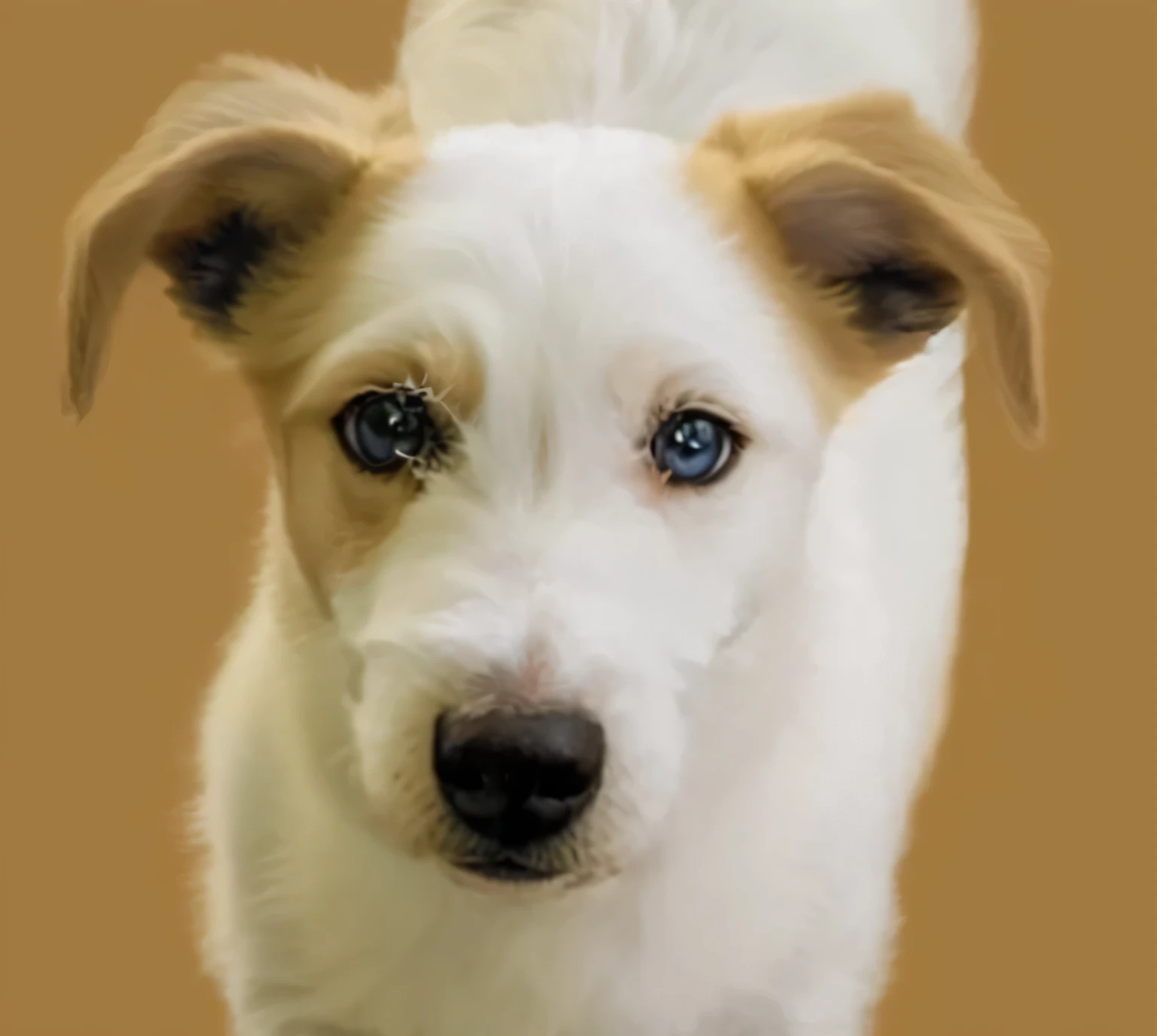 a very cute furry dog, hairs drawn like cartoon, perfectly drawn eyes, eyes like a cartoon drawing, beautiful eyes, perfect eyes, she is very happy, she is smiling, the image is very detailed