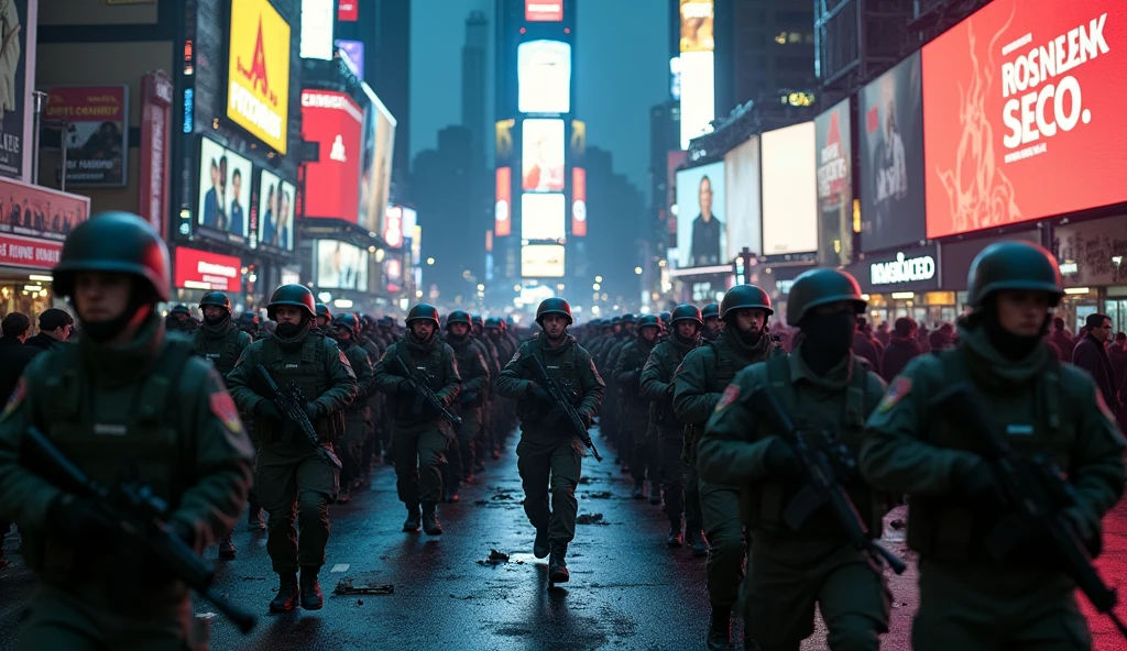 New York City in Chaos ; soldiers marching in Times Square