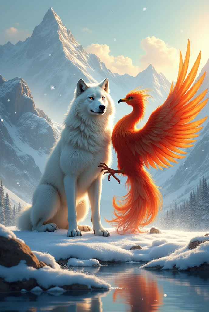 Snow Wolf and Phoenix Bird living together at mountain
