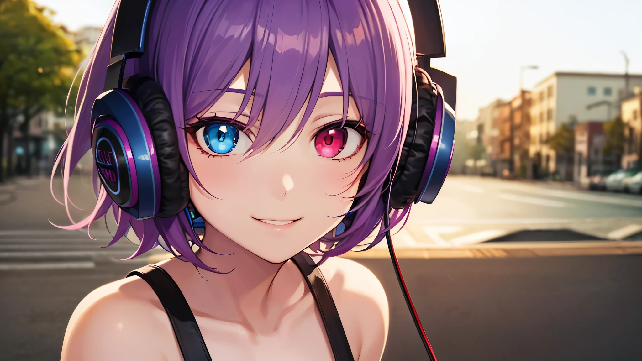 Highest quality, 8k, 4K, High resolution, (Beautifully detailed face), High Contrast,1girl,only,short hair,purple hair,heterochromia(red eyes,Blue eyes, beautiful eyes, Slanted Eyes, smile, Moderately sized breasts, Casual clothing, Headphones, Nice background
