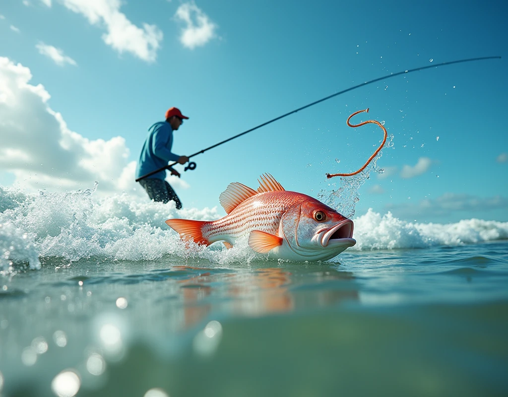 Professional photos, The worm landed on the water, Thrown from a fishing pole, Red Snapper biting from underwater, dynamic motion, Clear Ocean Beach blue water surf casting, (surf casting), A fisherman can be seen on the beach in the background looking towards us., Bend the surf rod in your hand, Staring intently at the fish, BREAK The moment the fish bites the worm, and…