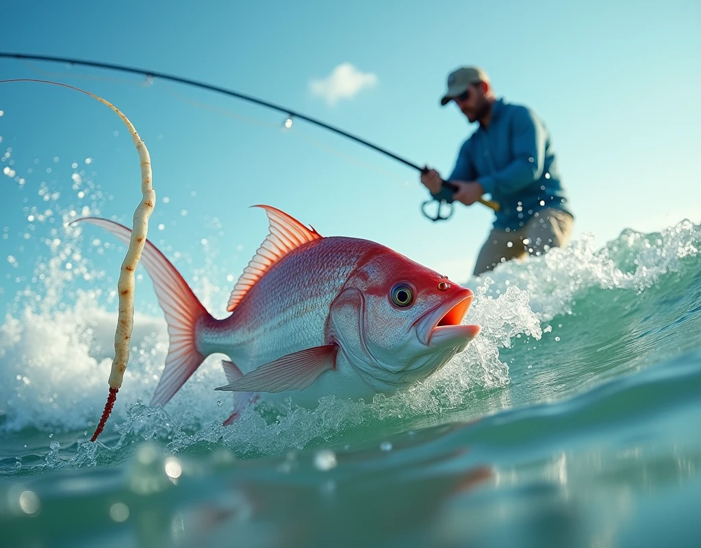 Professional photos, The worm landed on the water, Thrown from a fishing pole, Red Snapper biting from underwater, dynamic motion, Clear Ocean Beach blue water surf casting, (surf casting), A fisherman can be seen on the beach in the background looking towards us., Bend the surf rod in your hand, Staring intently at the fish, BREAK The moment the fish bites the worm, and…
