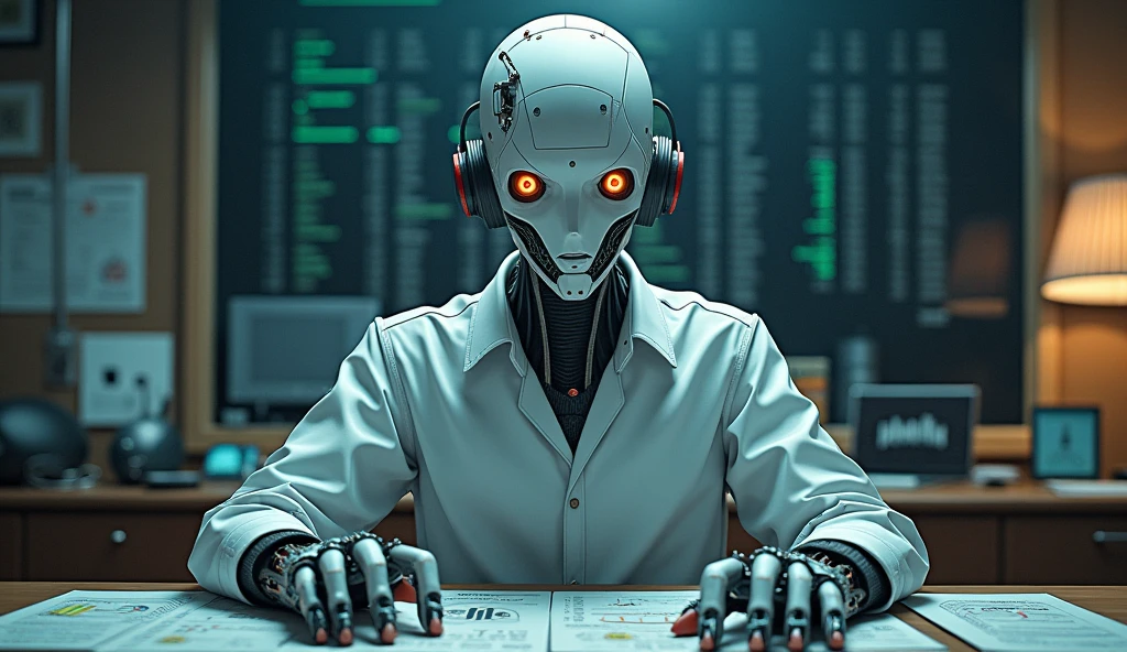 Create a human whose face is a bit robotic, and he is sitting in front of a table and is making eye contact towards the viewer, looking at the table and the stock market, anime and gaming in the background.