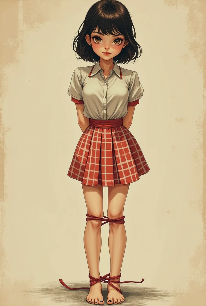 Create a retro vintage waitress with dark brown hair and bangs, with dark brown eyes, (((5 toes , girl kidnapped,black toes nails,legs together, feet together, feet tied together with ropes around both feet, tied legs together,restrained hands with ropes on back,Focus full body, standing, with no shoes, perfect feet, in bondage))),old style drawing 50s retro vintage