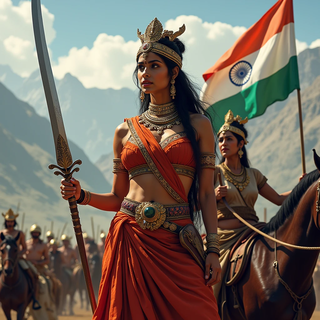 A South Indian queen, who is Hindu, is holding a sword in one hand and a horse in the other, with mountains and battlefields in the background and also the queen's maid. And queen one hand a katana  , and background a indian flag fight with British government 