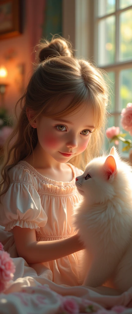 A  girl, beautiful fluffy cat, bidding, Idyllic, magic scene, beautiful room , (Best Quality, 4k, 8k, High resolution, masterpiece:1.2), ultra detailed, (realist, photorealist, photo-realist:1.37), warm lighting, vibrant colors, soft focus, Fairy tale, dreamer, cozy, adorable, Beautiful, Capricious, fancy, charming, sereno, peaceful, innocent, comforting, Imaginative