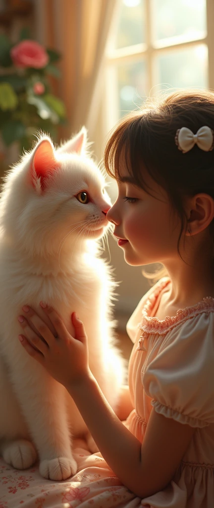 A girl, beautiful fluffy cat, bidding, Idyllic, magic scene, beautiful room , (Best Quality, 4k, 8k, High resolution, masterpiece:1.2), ultra detailed, (realist, photorealist, photo-realist:1.37), warm lighting, vibrant colors, soft focus, Fairy tale, dreamer, cozy, adorable, Beautiful, Capricious, fancy, charming, sereno, peaceful, innocent, comforting, Imaginative