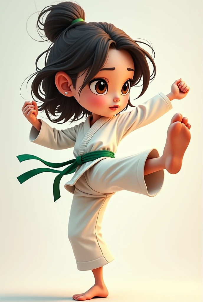 A  green belt white GI girl practicing taekwondo kick. 4D caricatur