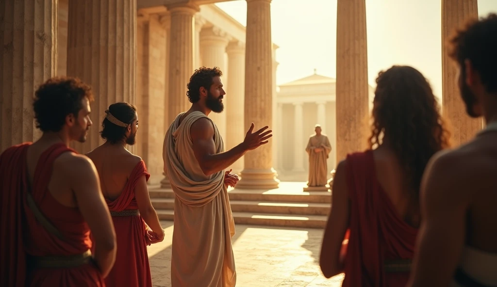 In a grand Roman forum, the same male stoic philosopher is now depicted teaching or discussing Stoic virtues with a small group of engaged listeners. He is in a classic tunic with subtle shoulder openings, maintaining a seductive yet scholarly appearance. The setting includes the majestic Doric columns and the Forum's grandeur, bathed in golden light that creates a sense of enlightenment and calm. The philosopher gestures emphatically or points to a visual representation of the four Stoic virtues (wisdom, courage, justice, and temperance) on a nearby pedestal or scroll. The audience, although secondary, shows a mix of curiosity and admiration, reinforcing the philosopher’s role as a guide in understanding and applying Stoicism.
