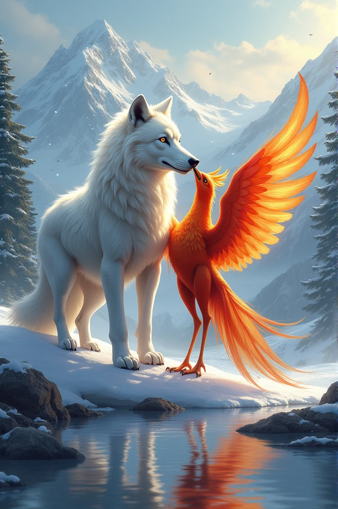 Snow Wolf and Phoenix Bird living together at mountain