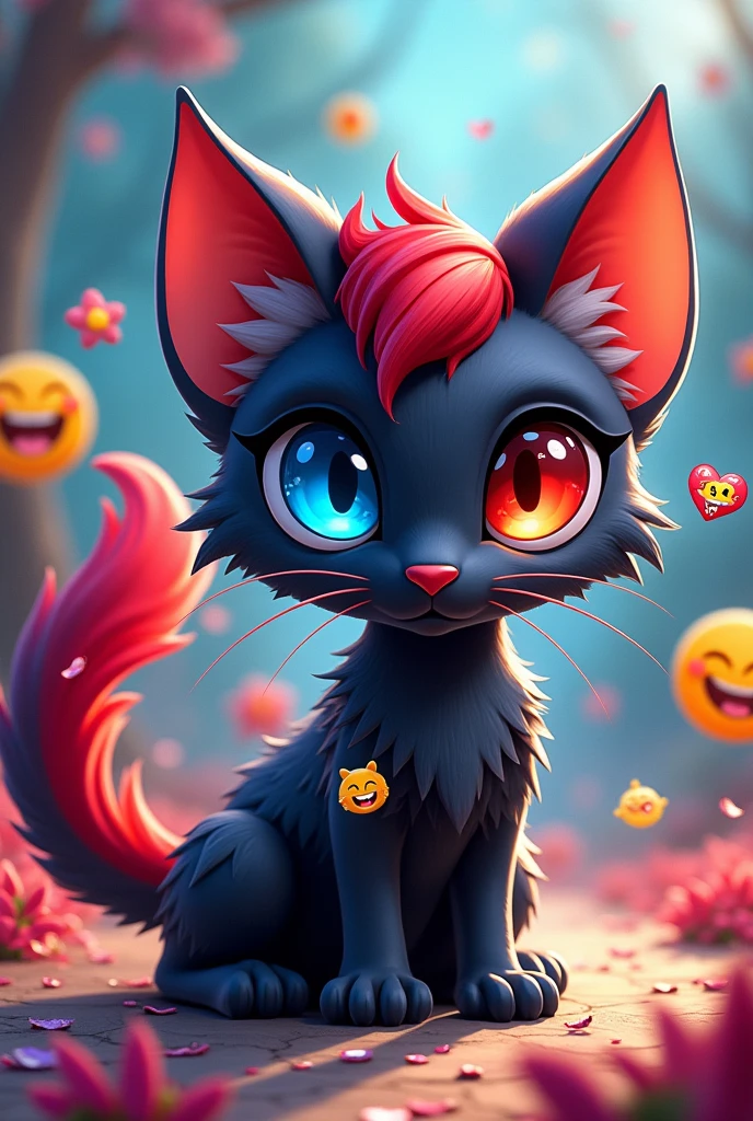 Animal with hot cartoon anime version stickers with black cat and blue -red eyes with crimson red tail and emoji