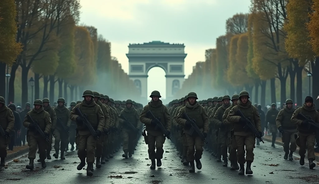 2024 Paris city in chaos ; soldiers marching on the Champs Élysées
