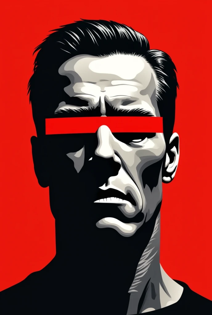 A stylized Art vectoriel portrait of Terminator with a black and white face, partiellement obscurci par une bande rouge audacieuse sur ses yeux et sa bouche. L'arrière-plan est rouge uni. La figure semble solennelle, Art vectoriel, symmetrical