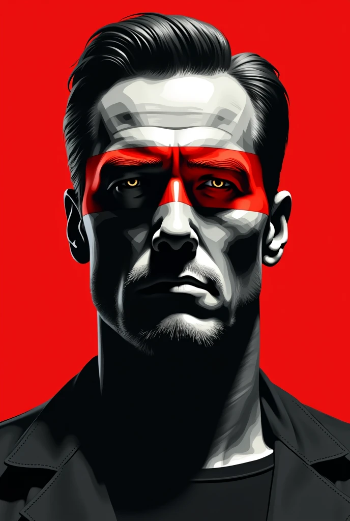 A stylized Art vectoriel portrait of Terminator with a black and white face, partiellement obscurci par une bande rouge audacieuse sur ses yeux et sa bouche. L'arrière-plan est rouge uni. La figure semble solennelle, Art vectoriel, symmetrical