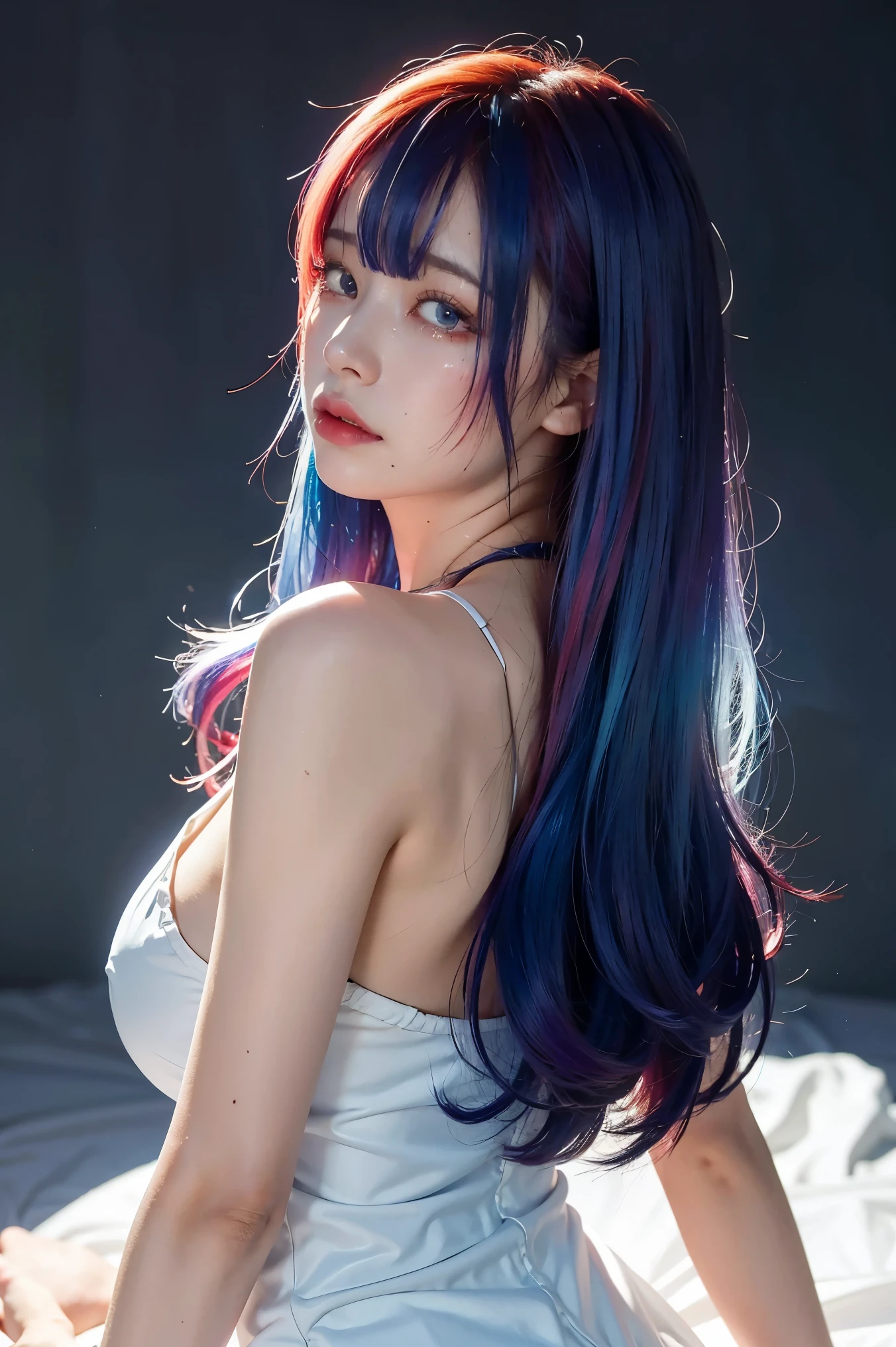 (From the side)、whole body、1 of、(Crying face:1.3)、(((Gradient hair from red roots to blue tips)))、bangs、Highest quality、masterpiece、Ultra-high resolution、8k、(Realistic:1.5)、RAW Photos、Perfect body、White dress、Frills、(In the Dark)、Deep Shadow、Discreet keys、(Warm Light)、Sexy look、Dark room at night、Electric pole、Roppongi Hills in the distance、Buildings、Tower、