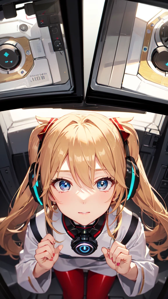 (Top view),Dynamic Angle,Extremely detailed, illustration, close up, straight on, 1 Girl, 
 ((Soryu Asuka Rangrai, Interface Headphones, Red tights:1.4, Blonde)),Her eyes shone like Dreamy stars,(Glowing eyes:1.233),(Beautiful and delicate eyes:1.1),(Poker face,Shut up),(permanent), 
(Mechanical room with tools and spaceship windows，Located inside a white spaceship),
(night:1.2),Dreamy, [[Slender fingers and hands:0.55]::0.85],(Detail fingers),