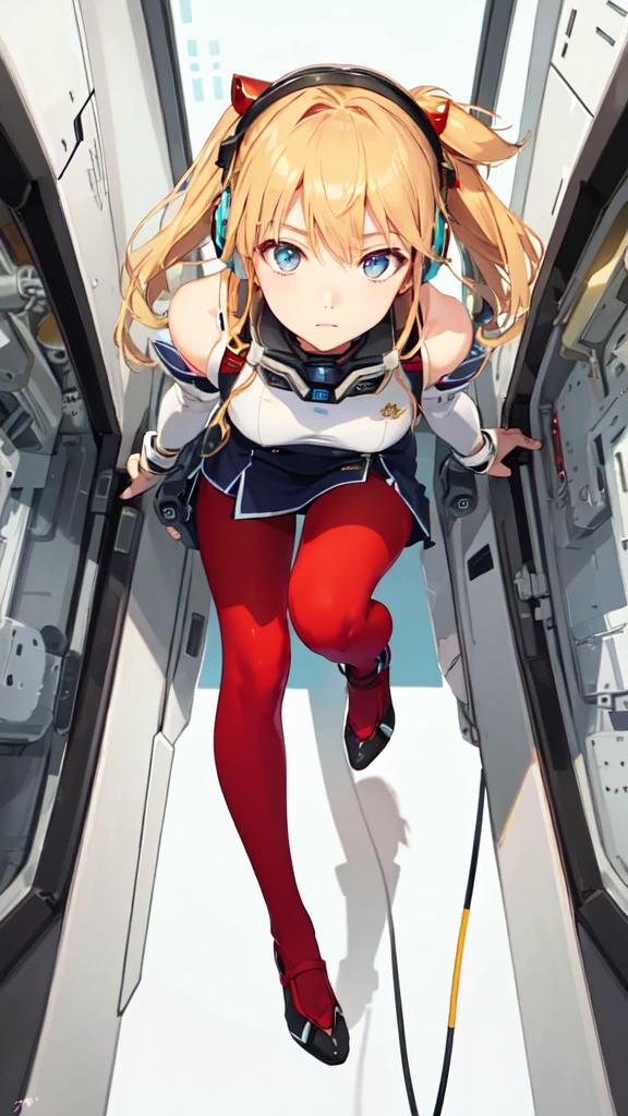 (Top view),Dynamic Angle,Extremely detailed, illustration, close up, straight on, 1 Girl, 
 ((Soryu Asuka Rangrai, Interface Headphones, Red tights:1.4, Blonde)),Her eyes shone like Dreamy stars,(Glowing eyes:1.233),(Beautiful and delicate eyes:1.1),(Poker face,Shut up),(permanent), 
(Mechanical room with tools and spaceship windows，Located inside a white spaceship),
(night:1.2),Dreamy, [[Slender fingers and hands:0.55]::0.85],(Detail fingers),
