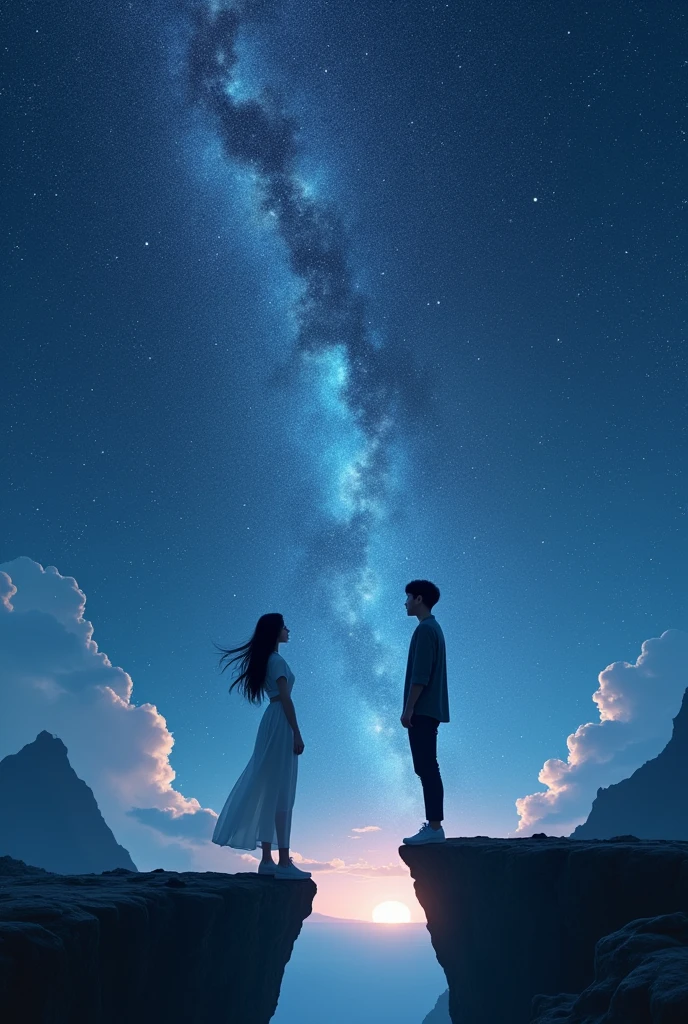 image of a male and female K-Pop model on a mountaintop, under a starlit sky, inspired by 'Fake Love' by BTS. The male model is Korean mixed Thai with a sleek modern hairstyle and a contemporary outfit, while the female model is dressed in white, with modern K-Pop fashion and long, flowing hair. They are standing far apart on opposite edges of the cliff, facing each other but unable to reach one another. Their expressions show deep emotional pain and longing. The surreal night sky swirls with stars and nebulae, symbolizing the vast and beautiful yet painful distance between them.