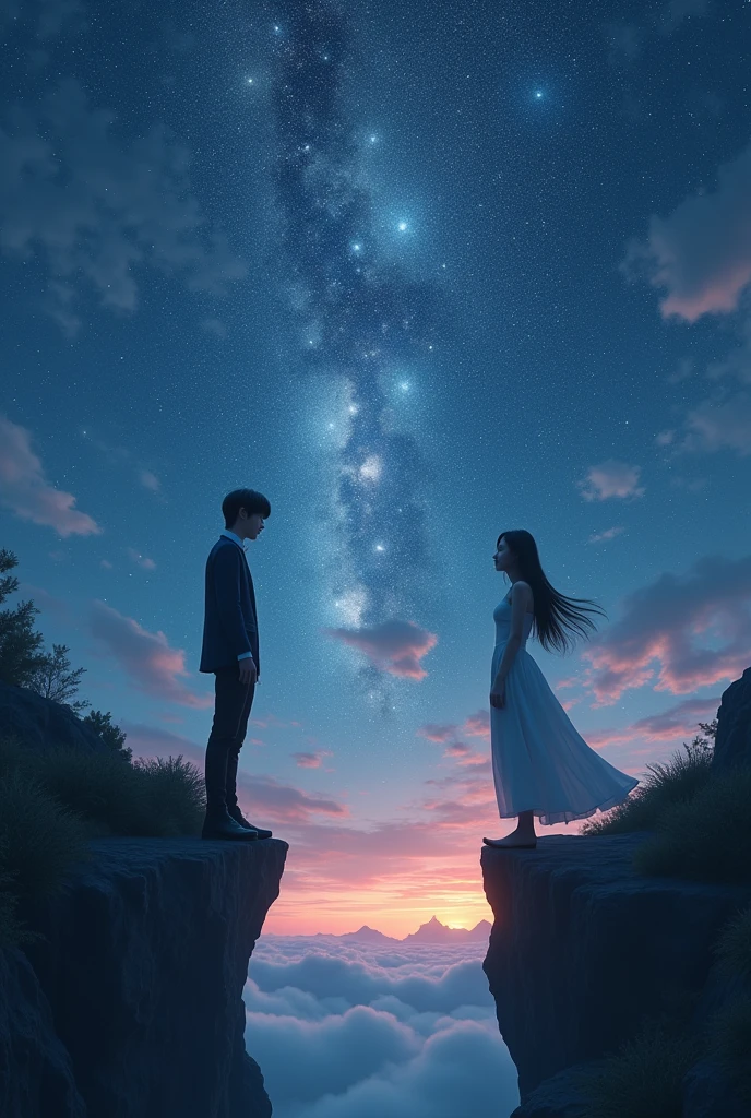 image of a male and female K-Pop model on a mountaintop, under a starlit sky, inspired by 'Fake Love' by BTS. The male model is Korean mixed Thai with a sleek modern hairstyle and a contemporary outfit, while the female model is dressed in white, with modern K-Pop fashion and long, flowing hair. They are standing far apart on opposite edges of the cliff, facing each other but unable to reach one another. Their expressions show deep emotional pain and longing. The surreal night sky swirls with stars and nebulae, symbolizing the vast and beautiful yet painful distance between them.