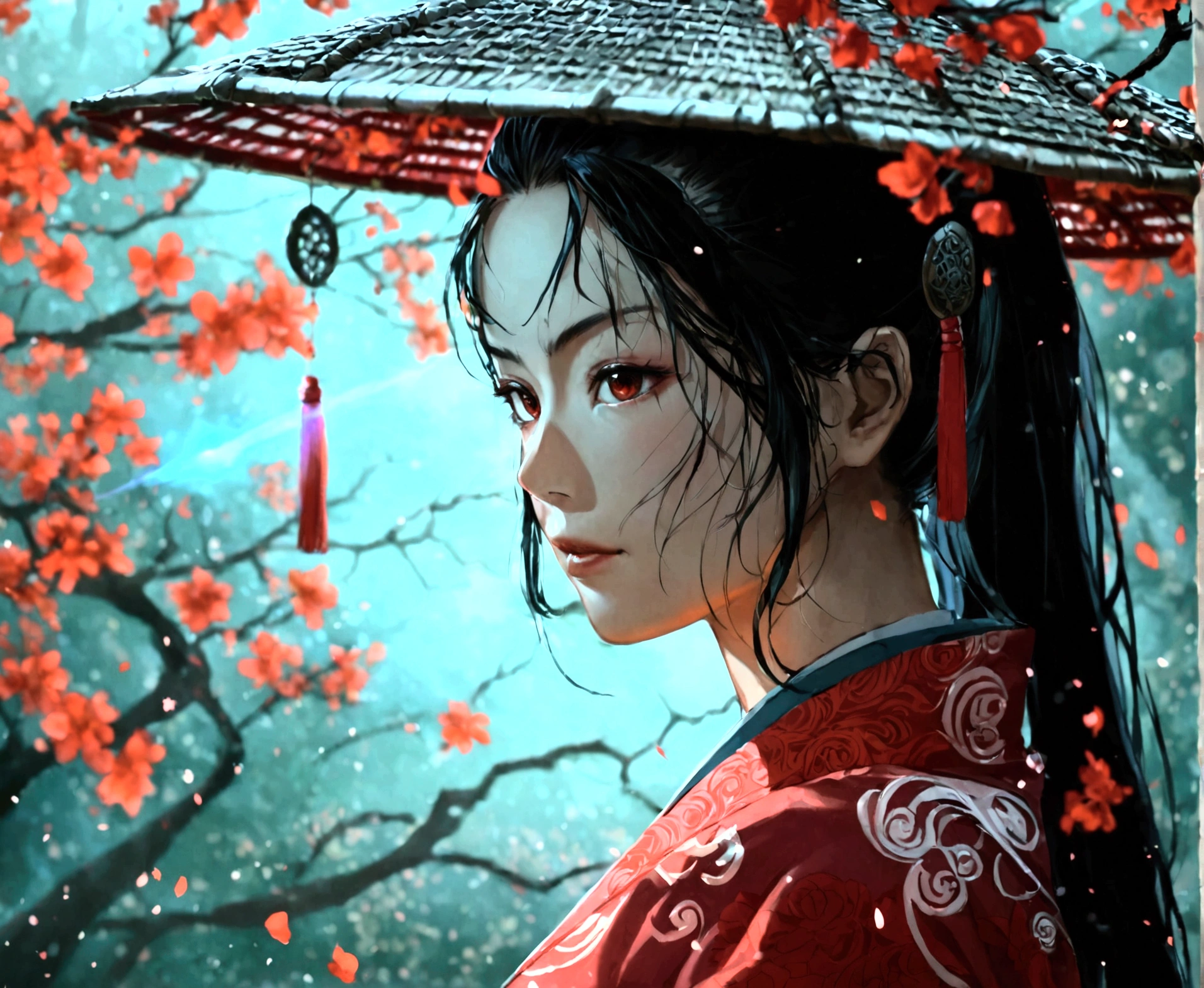 Uma Kunoichi, in the shadows, Red Moon Behind, ninja stance, ultra detaild, with many details, SPARKLES, and a well-crafted scenario