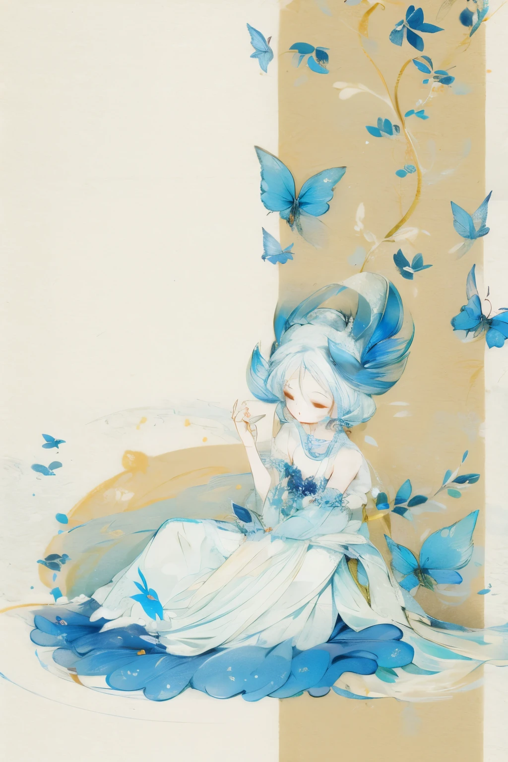 1 girl，Shimizu，Blue Butterfly，Pure white gauze skirt，shiny，Sitting in the air
