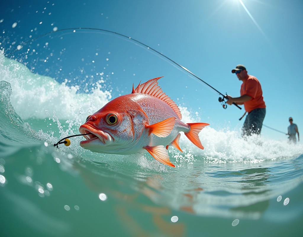 Professional photos, The worm landed on the water, Thrown from a fishing pole, Red Snapper biting from underwater, dynamic motion, Clear Ocean Beach blue water surf casting, (surf casting), A fisherman can be seen on the beach in the background looking towards us., Bend the surf rod in your hand, Staring intently at the fish, BREAK The moment the fish bites the worm, and…