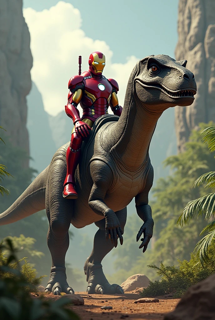 Ironman sitting ing on the back of a large danger dinosaurs, dinosaur walking forward