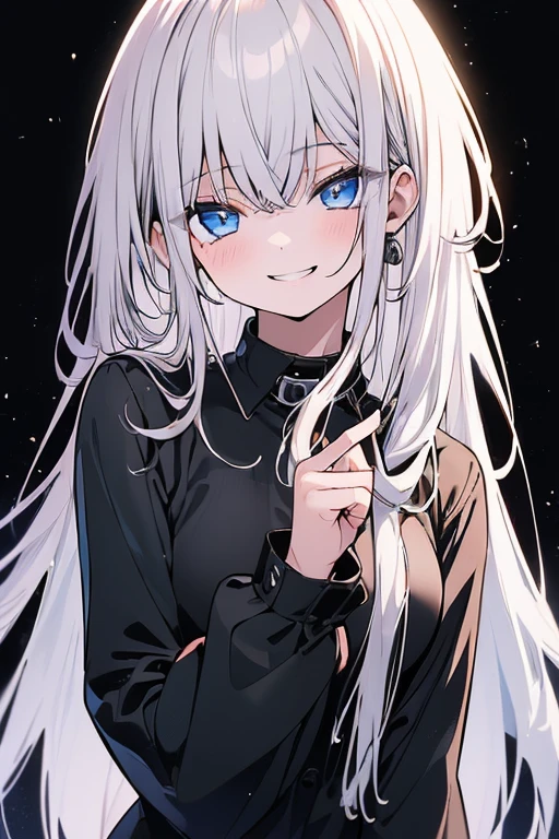(best quality:1.4), (ultra highres:1.2), (8k, RAW photo:1.2), manhwa-artstyle, 1girl, solo, long hair, looking at viewer, smile, white hair, blue eyes, upper body, black shirt, Perfect Hands, 