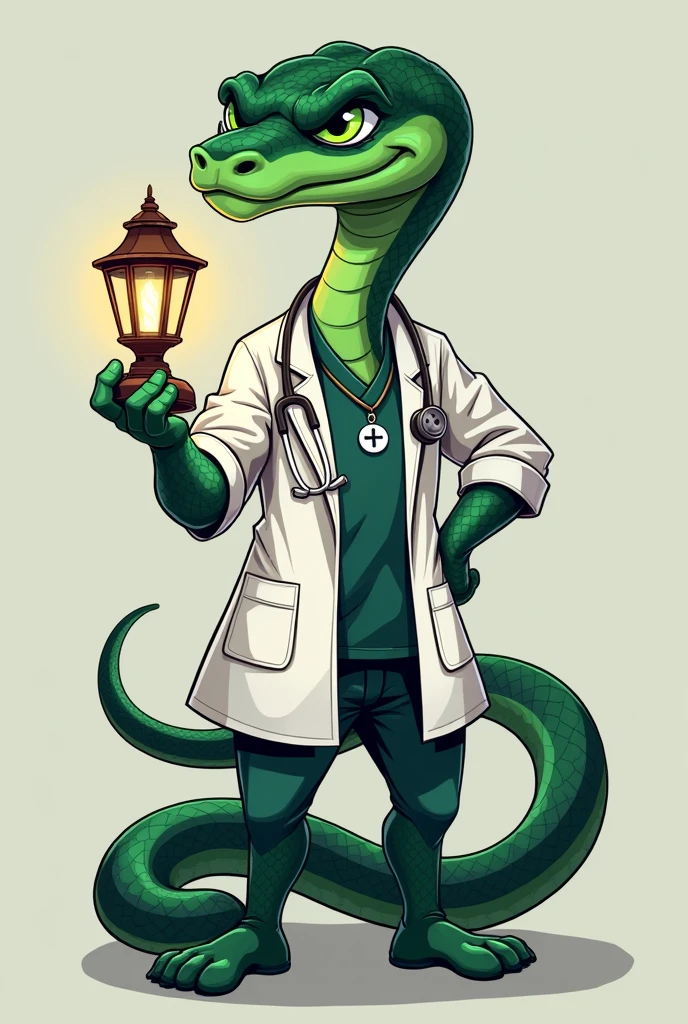 A mascot character for nursing class xlii, inspired by a green and black snake, holding a nursing lamp, with green eyes and a defiant look, wearing an open white coat and a stethoscope around his neck