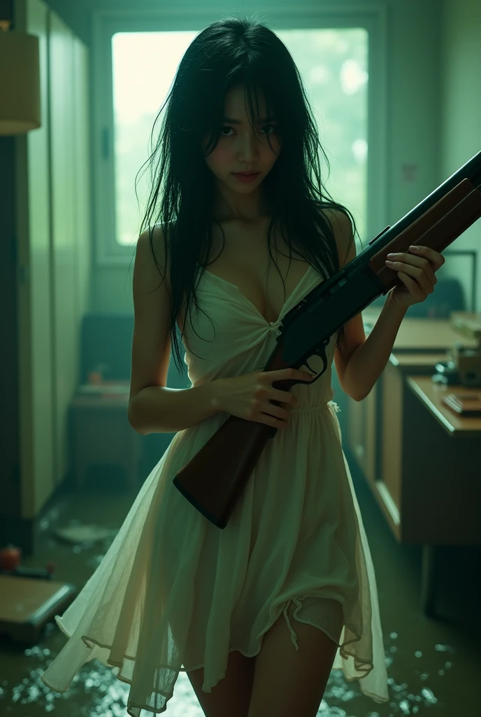 Prompt : Asian girl,Just wore a thin white dress that was wet..( Wet1:1 ).,Holding an AA12 shotgun,Zombie Doom,Water seeped into his body...。My hair flows like a forest, middle chest, complicated details, Bedroom atmosphere in 8K resolution