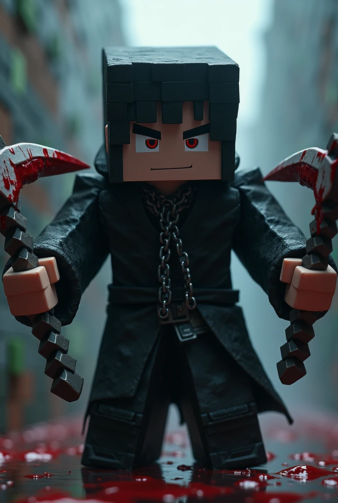 Make a picture in which a minecraft boy who is from the minecraft game and has black hair and is wearing an Assassin's outfit in black and white and has two bloody scythes attached to his hand by a chain and he and he are minecraft from The Minecraft game is frighteningly looking ahead