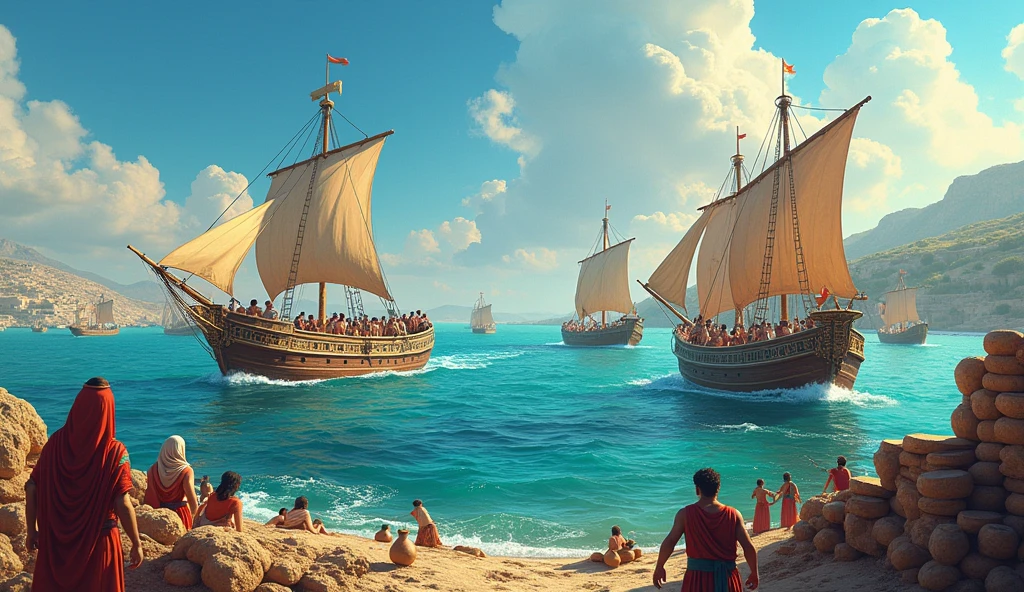 Create a scene of (((Minoan maritime trade2))), with [ships sailing across the Mediterranean2] and merchants exchanging goods. Show the cultural interaction between (((different civilizations2))), with goods such as olive oil and pottery being carried, highlighting the importance of trade routes and the skill of navigators.
