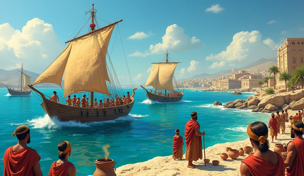 Create a scene of (((Minoan maritime trade2))), with [ships sailing across the Mediterranean2] and merchants exchanging goods. Show the cultural interaction between (((different civilizations2))), with goods such as olive oil and pottery being carried, highlighting the importance of trade routes and the skill of navigators.