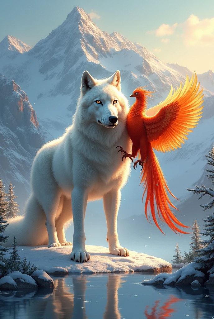 Snow Wolf and Phoenix Bird living together at mountain