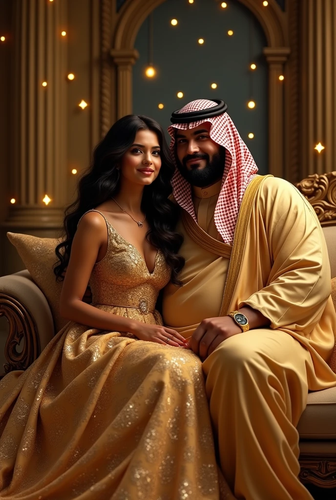Create an image of Saranya...a beautiful 1 indian young lady....wearing trillion dollar golden gown. She is along with Mohammed bin Salman, whose chubbuy and fat, he is prince of Saudi Arabia. They both are in a room with stars. They both smiling