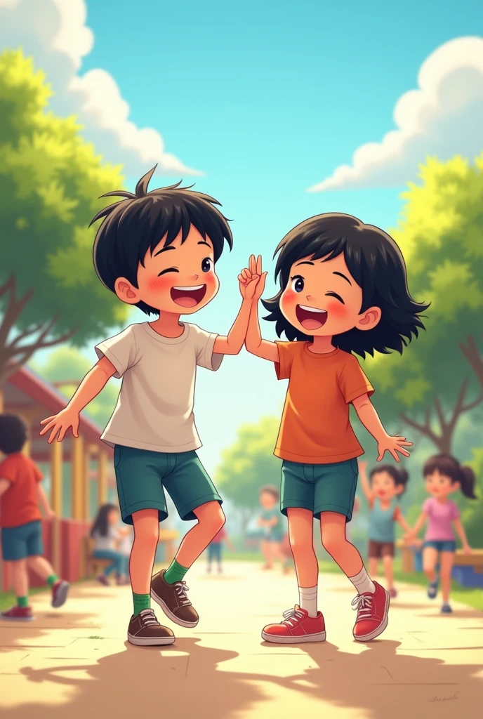make a child year 10- medium hair black colour,using short pants,using cute t-shirt,smile,with a other friend