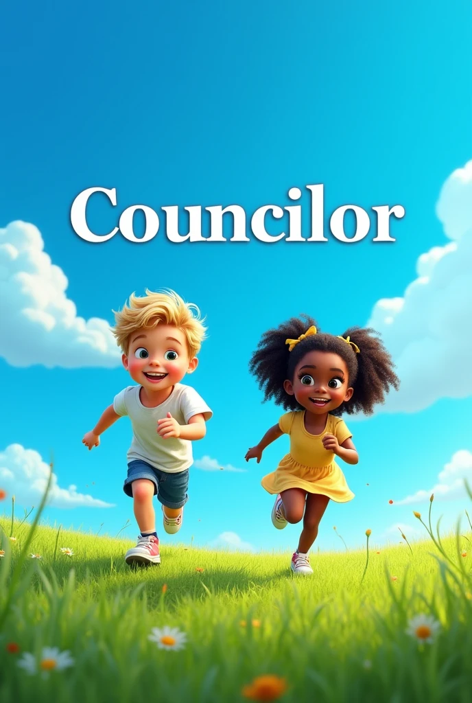 Create a realistic image of 2 children, one white and one black, running on a blue background with the word councilor written on it