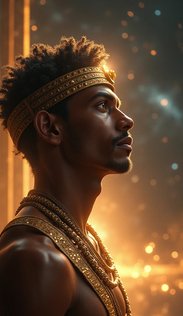 Show Atum contemplating the universe in Egyptian mythology. Atum is depicted as a male figure in his 40s, with golden-brown skin and piercing dark amber eyes. His hair is short, curly, and black, with a hint of gray. His face is wise, reflecting deep thought and the responsibility of creation. Atum wears the double crown of Upper and Lower Egypt, and his skin glows with a golden hue. The background features the vast cosmos with stars and galaxies forming, as Atum looks over his creation. Use masterpiece, best quality, CG, wallpaper, HDR, high quality, ultra detailed face, cinematic, high detail, 8k, raw, high, artstation HQ, unreal engine, octane renderer, 4k resolution, hyperrealistic, highly detailed, and absurdres settings