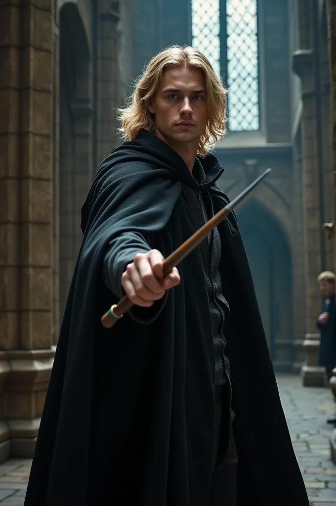 A handsome young man in a black cloak with blonde hair holding a 12-inch long wand in Hogwarts School.