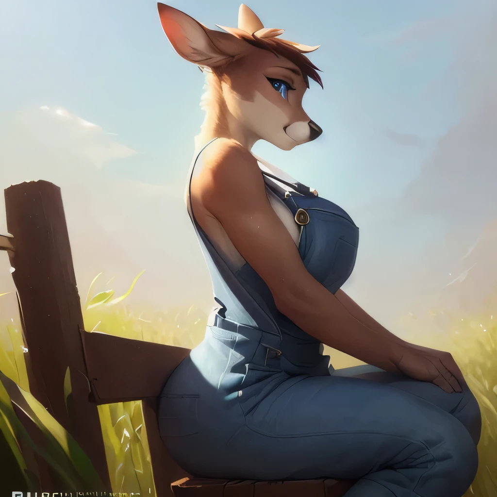 uploaded on e621, by Pixelsketcher, by Bayard Wu, by Thomas Benjamin Kennington , by Einshelm, solo anthro female deer doe with ((nice breasts)) and (fluffy tail) and ((clear navy blue eyes)), (( full body portrait)), BREAK, ((wear ripped work pants and unbuttoned checkered shirt)), sweaty, nervous, embarrassed (detailed Bonifasko lighting), (detailed fur), (detailed skin), BREAK, ((facing viewer and leaning against a wooden fence in a field of crops with hand between legs)), (cinematic lighting), ((detailed background)), ((high-angle view)), (three-quarter view), (half body shadow), [backlighting], [crepuscular ray], [detailed ambient light], [gray natural lighting], [ambient light on the belly], (higher wildlife feral detail), [explict content], [sharp focus], (questionable content), (shaded), ((masterpiece)), BREAK
