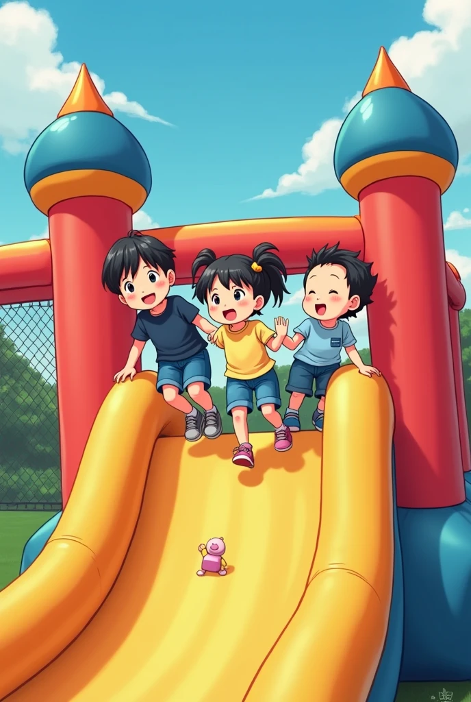 advertising poster showing children playing in their decent clothes on a bounce house with a slide, Where everything is very safe for everyone. It looks like a 2d Japanese anime drawing.